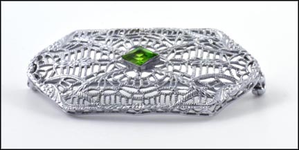 Vintage Filigree Pin with Synthetic Green Stone in White Gold LARGE