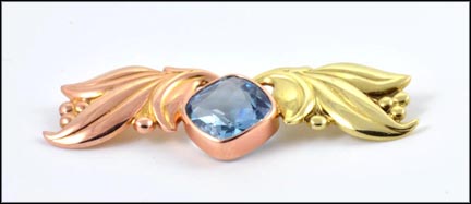 Vintage Pin with Blue Glass in Yellow and Rose Gold LARGE