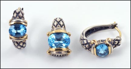 Blue Topaz Earrings and Pendant in 14K Yellow Gold and Sterling Silver LARGE