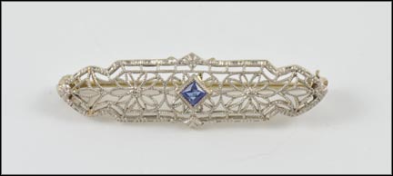 Sapphire Filigree Bar Pin in 14K White Gold MAIN