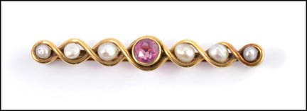 Pink Gem and Pearls Bar Pin in Yellow Gold MAIN