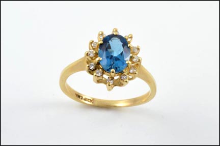 Synthetic Blue Stone and Multi Clear Ring in 14K Yellow Gold LARGE