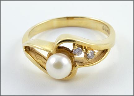 Pearl and Two Diamond Ring in 14K Yellow Gold MAIN