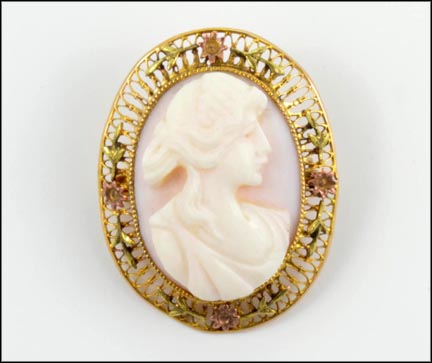 Shell Cameo Pin In Filigree Setting in 10K Yellow Gold LARGE