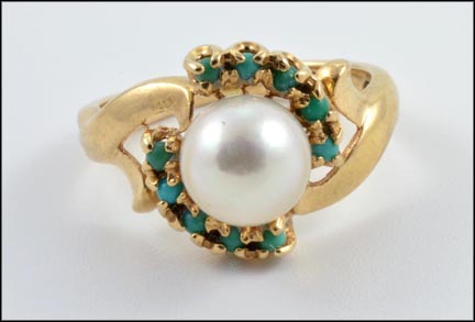 Pearl and Multi Turquoise Ring in 14K Yellow Gold MAIN