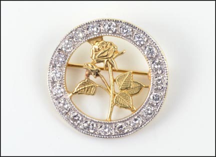 Rose In Circle Of Diamonds Pin in Yellow Gold and Platinum MAIN