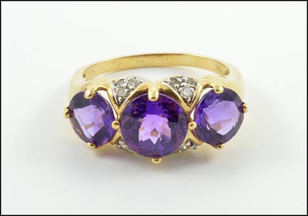 Three Large Amethyst and Multi Diamond Ring in Yellow Gold MAIN