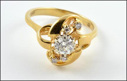 Large Diamond with Four Small Diamonds Ring in 14K Yellow Gold MAIN