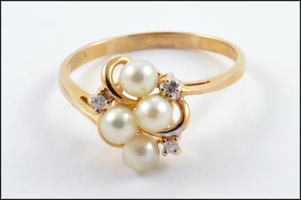 Four Pearl and Three Diamond Ring in 14K Yellow Gold MAIN