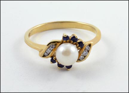 Multi Sapphire and Pearl Ring in 10K Yellow Gold MAIN