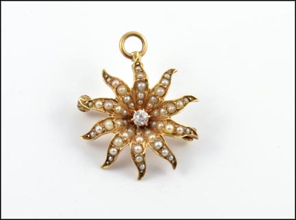 Diamond and Multi Pearl Pendant or Pin in 14K Yellow Gold MAIN