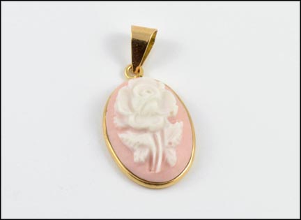 White Rose Cameo On Pink Pendant in 14K Yellow Gold LARGE