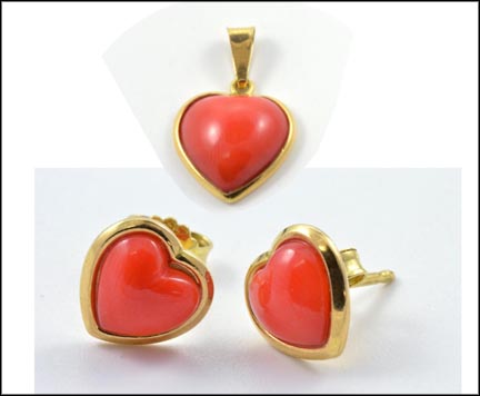Coral Heart Pendant with Post Earrings, Three Piece Set in 18K Yellow Gold MAIN