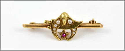 Victorian 1890s Pearl and Ruby Shriner's Bar Pin in Yellow Gold LARGE