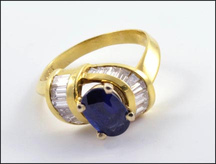 Blue Sapphire with Diamond Baguettes Ring in 18K Yellow Gold LARGE