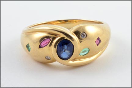 Ruby, Emerald, Diamond and Sapphire Ring in 14K Yellow Gold LARGE