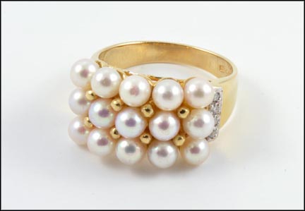 Pearl, Diamond and Gold Bead Ring in 14K Yellow Gold MAIN
