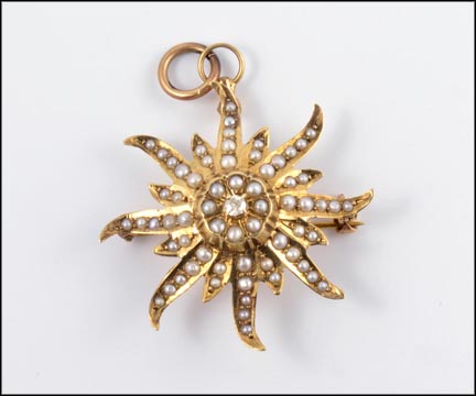 Pearl with Diamond Sunburst Brooch or Pendant in 14K Yellow Gold MAIN