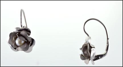 Pearl In Rose On Wire Hook Earrings in 18K White Gold MAIN