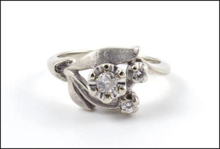 Three Diamond In Flower Setting Ring in 14K White Gold LARGE
