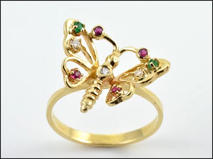 Ruby, Emerald and Diamond Butterfly Ring in 14K Yellow Gold MAIN