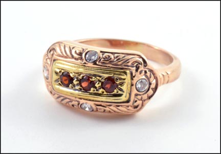 Three Garnet and Cubic Zirconia Vintage Ring in 14K Rose Gold LARGE