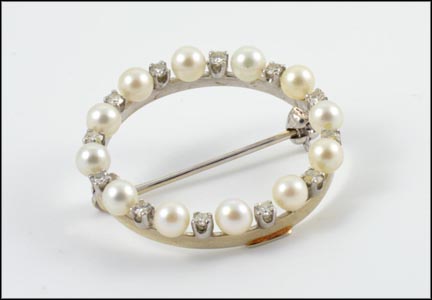 Diamond and Pearl Circle Pin in 14K White Gold MAIN