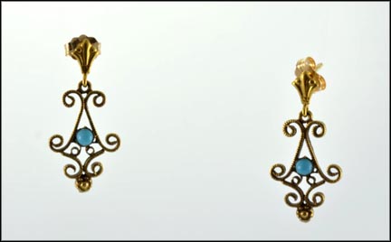 Vintage Filigree Turquoise Drop Earrings in Yellow Gold MAIN