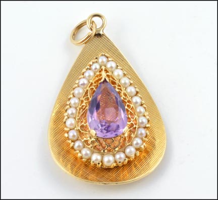 Teardrop Pendant Amethyst and Pearl in 14K Yellow Gold LARGE