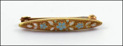 Doll Bar Pin with Blue Enamel Flowers in 14K Yellow Gold MAIN