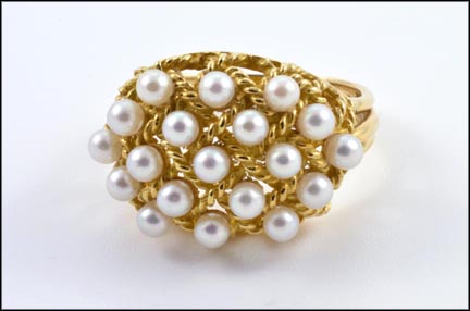 Multi Pearl On Basket Weave Top Ring in Yellow Gold MAIN
