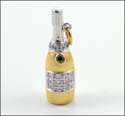 Emerald and Multi Diamond Bottle Charm in 14K Yellow Gold LARGE