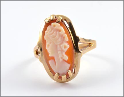 Long Oval Shell Cameo Ring in 10K Yellow Gold LARGE