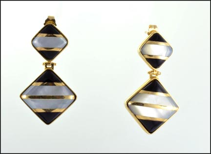 Mother Of Pearl and Onyx Dangle Pierced Post Earrings in 14K Yellow Gold MAIN