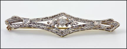 Vintage Diamond Bar Pin in 14K Yellow and White Gold LARGE
