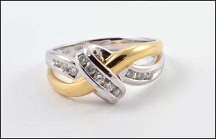 Yellow Gold Diamond Band, White Gold Cross-Over in 14K Yellow and White Gold LARGE