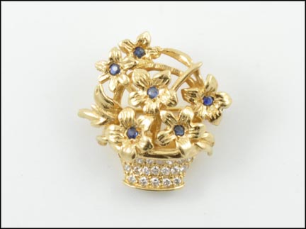 Sapphire and Diamond Flower Basket Pin in 14K Yellow Gold MAIN