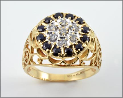 Men's Sapphire and Diamond Cluster Ring in 10K Yellow Gold MAIN