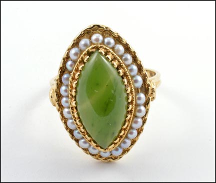 Marquise Cut Jade Seed Pearl Ring in 14K Yellow Gold MAIN