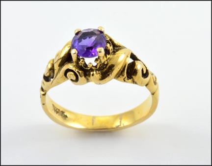 Round Amethyst Scroll Ring in 14K Yellow Gold MAIN