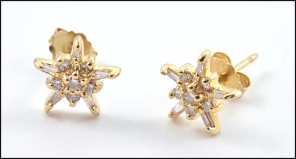 Round and Baguette Diamond Earrings in 14K Yellow Gold MAIN