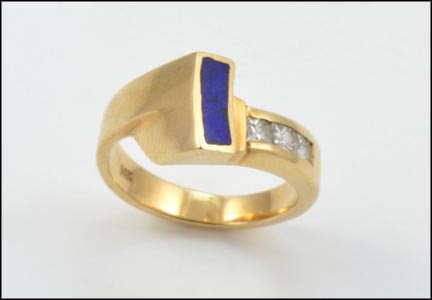 Lapis and Princess Cut Diamond Ring in 14K Yellow Gold LARGE