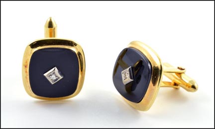 Onyx and Diamond Cufflinks in 14K Yellow Gold LARGE