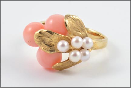 Coral and Pearl Leaf Ring in 14K Yellow Gold LARGE
