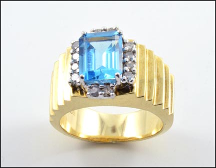 Emerald Cut Blue Topaz and Diamond Wide Ring in 14K Yellow Gold LARGE