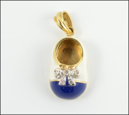Blue and White Enamel Diamond Bow Baby Shoe Pendant in Yellow Gold MAIN