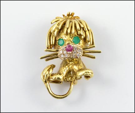 Emerald, Ruby and Diamond Hammerman Brothers Pin in 18K Yellow Gold MAIN