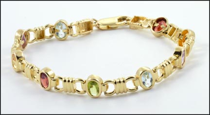 Oval Multi Stone Bezel Set Bracelet in 14K Yellow Gold LARGE