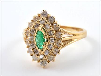 Marquise Cut Emerald Round Brilliant Cut Diamond Ring in 14K Yellow Gold MAIN