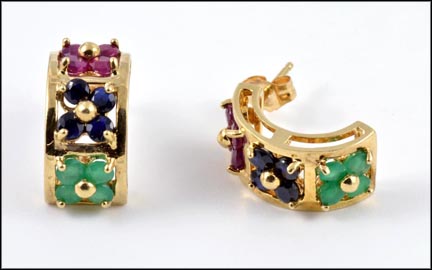 Ruby, Sapphire and Emerald Earrings in 14K Yellow Gold MAIN